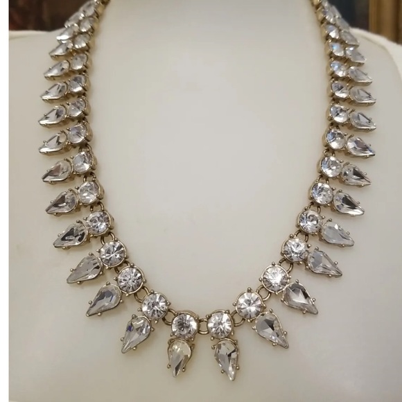 J. Crew Collar Statement Necklace gold w/ 2 rows of clear crystals end to end - Picture 2 of 12
